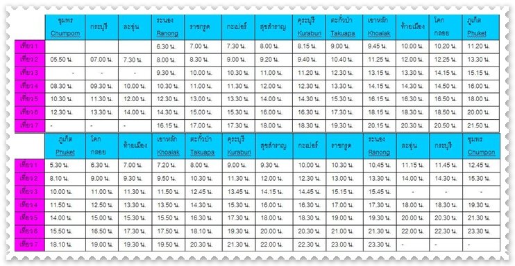 ตารางเวลาเดินรถของรุ่งกิจทัวร์